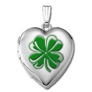Sterling Silver  Sweetheart 4 Leaf Clover Heart w/ Green Enamel Locket