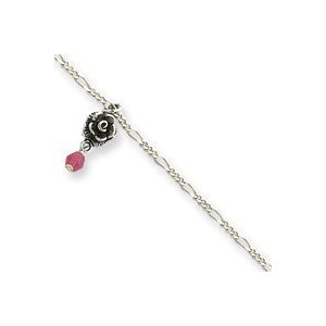 Sterling Silver Antiqued Strawberry Quartz   Roses Figaro Anklet