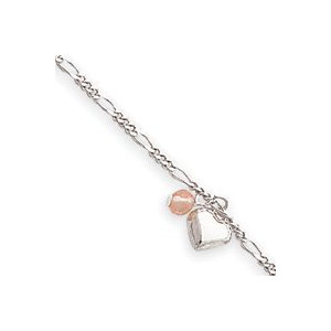 Sterling Silver Cherry Quartz   Dangling Hearts on Figaro Link Anklet