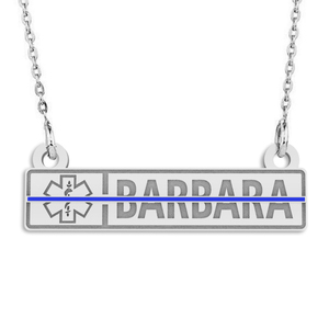 Personalized EMT Name Bar Pendant with Blue Enamel and 18  Chain