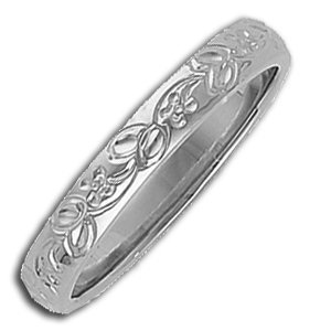 14k White Gold 3mm Hand Engraved Fancy Wedding Band