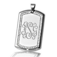 Stainless Steel Dog Tag Pendant w/ Cubic Zirconia Border