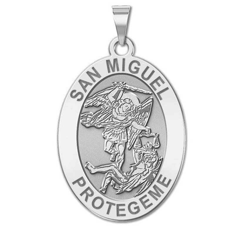 14k White Gold St. Michael 'Pray For Us' Medal Pendant - Engravable Back, Round