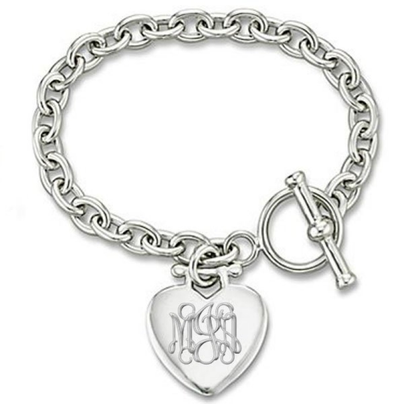 Heart Sterling Silver Engraved Charm Bracelet with Toggle