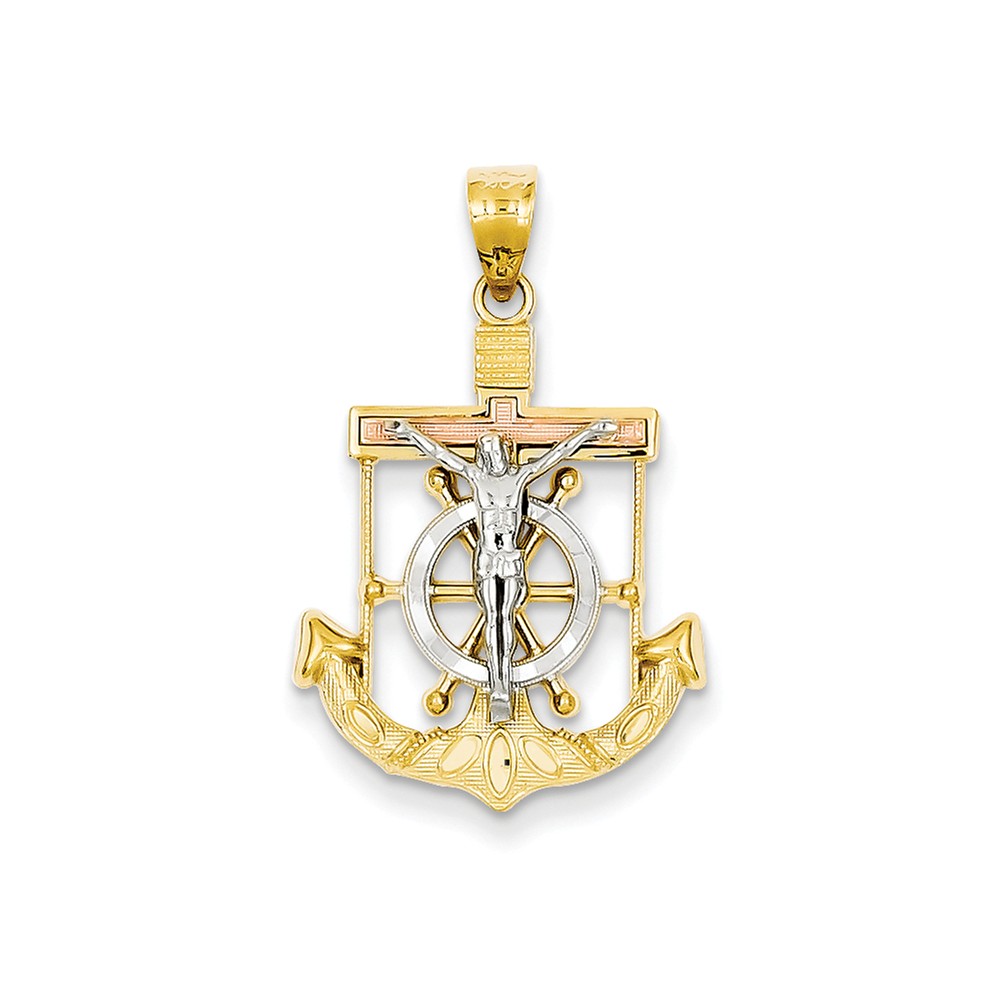 14k Tricolor Diamondcut w/Textured Mariner\'s Cross Pendant PG96437