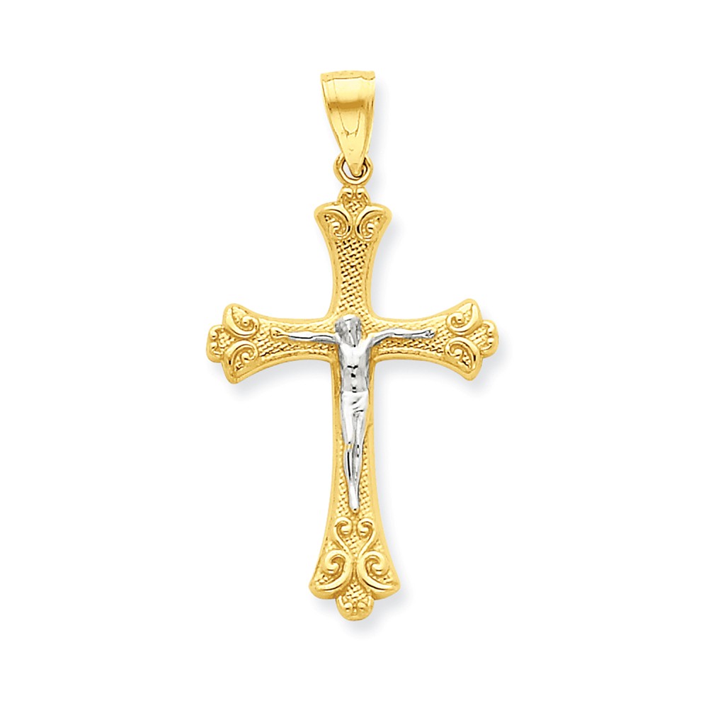 10k & Rhodium Fleur de Lis Crucifix Pendant - PG97818