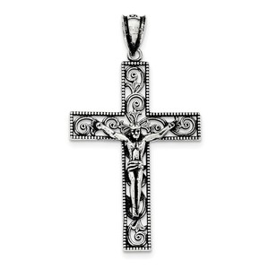 Sterling Silver Antiqued Beaded Filigree INRI Crucifix Pendant