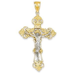 14k Two tone INRI Fleur De Lis Crucifix Pendant