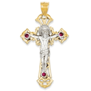 14k Two tone Polished with Red CZs Crucifix Pendant