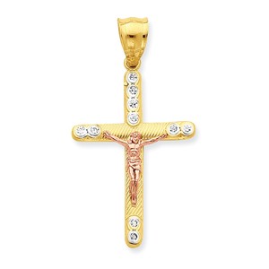 10k Two tone CZ Crucifix Pendant