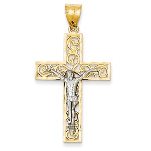 14K Two tone D C Large Block Filigree Cross w Crucifix Pendant