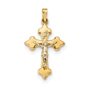 14k Two tone Polished Fleur de Lis INRI Crucifix Pendant