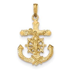 14K Polished   Textured 2 D Mariners Crucifix Rope Wheel Pendant