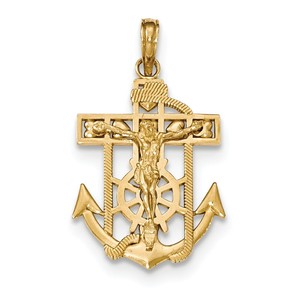 14K Gold Polished   Textured Mini Mariners Crucifix Pendant