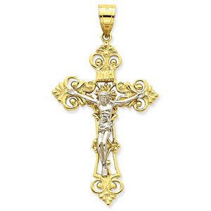 14K Two Tone Gold Fleur De Lis Crucifix Pendant