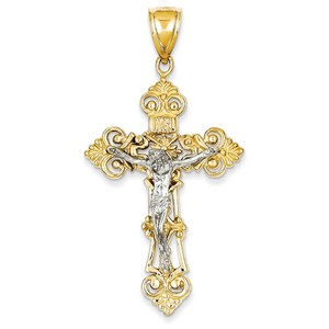 14k Two tone INRI Fleur De Lis Crucifix Pendant