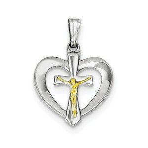 Sterling Silver Rhodium plated Polished Heart with Vermeil Crucifix Pendant