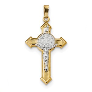 14k w Rhodium Polished St  Benedict Medal INRI Crucifix Pendant