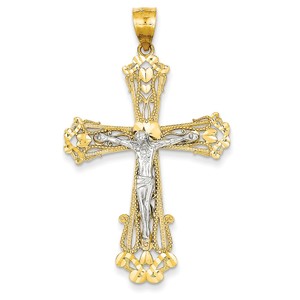 14k Two tone Diamond cut Crucifix Pendant