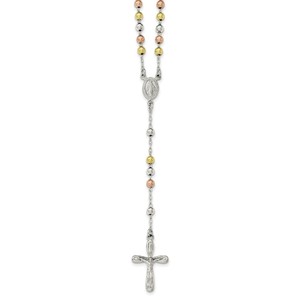 Sterling Silver Polished White  Rose and Yellow Rosary Necklace