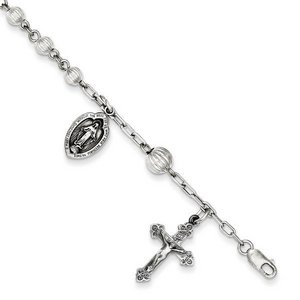 Sterling Silver  Round Flute Rosary Bracelet  with Miraculous Medal