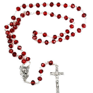 Pewter Burgundy Glass Bead Sacred Heart Rosary
