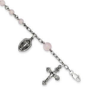 Sterling Silver  Rose quartz Rosary Bracelet  with Miraculous Medal