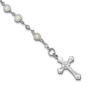 Sterling Silver   Freshwater Cultured Pearl Rosary Crucifix Bracelet