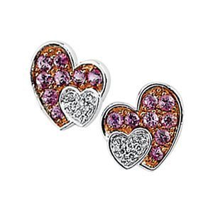 Genuine Pink Sapphire   Diamond Heart Earrings