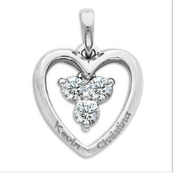 Personalized Sterling Silver Couple s Heart  Pendant w  Three CZ s