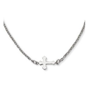 Stainless Steel Polished Sideways Cross 18in Necklace