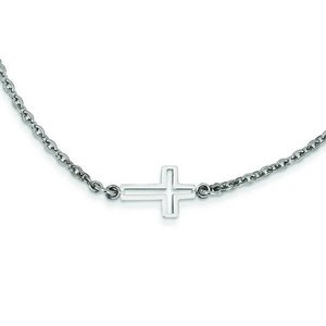 Stainless Steel Polished Sideways Cross 18in Necklace