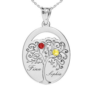 Personalized Family Tree Pendant with 2 Names and Birthstones  Includes 18 Inch Chain