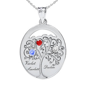 Personalized Family Tree Pendant with 3 Names and Birthstones  Includes 18 Inch Chain