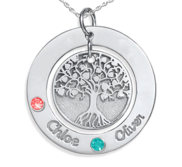 Personalized Round Family Tree Pendant with Two Birthstones   Names  Includes 18 Inch Chain