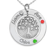 Personalized Round Family Tree Pendant with Three Birthstones   Names  Includes 18 Inch Chain