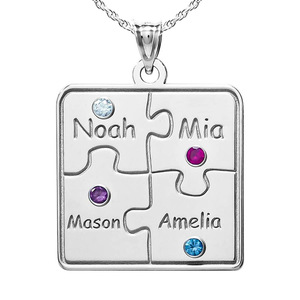 Personalized Family 4 Piece Puzzle Pendant with Names and Birthstones   Included 18 inch Chain