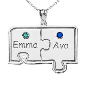 Personalized Family Two Piece Jigsaw Puzzle Pendant with Birthstones  Includes 18 Chain