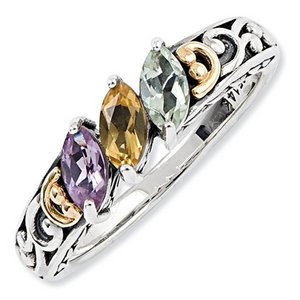 Sterling Silver   14k Three stone  Antiqued Mother s Ring