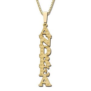 14K Yellow Gold Block Vertical Name Necklace w  Star Accents and Box Chain