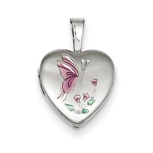 Sterling Silver Baby Satin Butterfly Heart Locket with Color Enamel