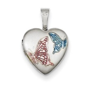 Sterling Silver Baby Satin   Color Enameled Butterfly Heart Locket
