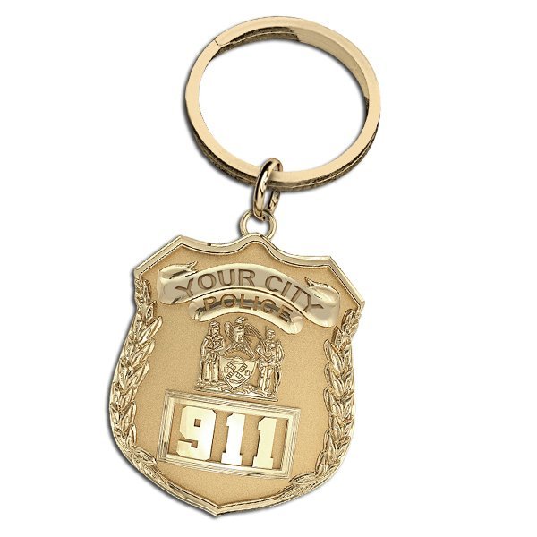 Personalized Police Badge Keychain with Your Number and Department in Yellow Gold | PicturesOnGold