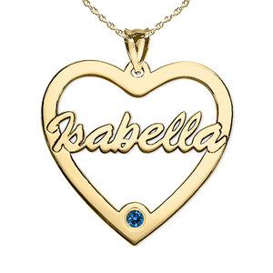 Personalized Heart Cut Out with Pendant with Birthstone   Name  Includes 18 Inch Chain