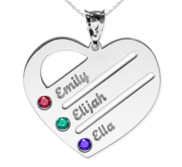 Personalized Heart Family Pendant with 3 Birthstones   Names Includes 18 Inch Chain