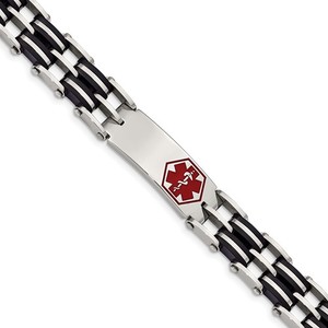 Stainless Steel Black Rubber Red Enamel 8 25in Medical Bracelet