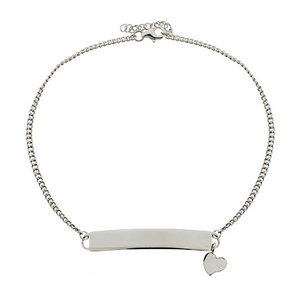 Sterling Silver Polished Anklet with Heart Charm   Engravable Plate