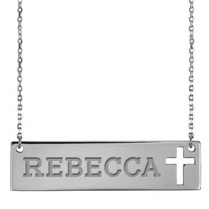 Personalized Name Bar Necklace w  Cross Design   18  Chain