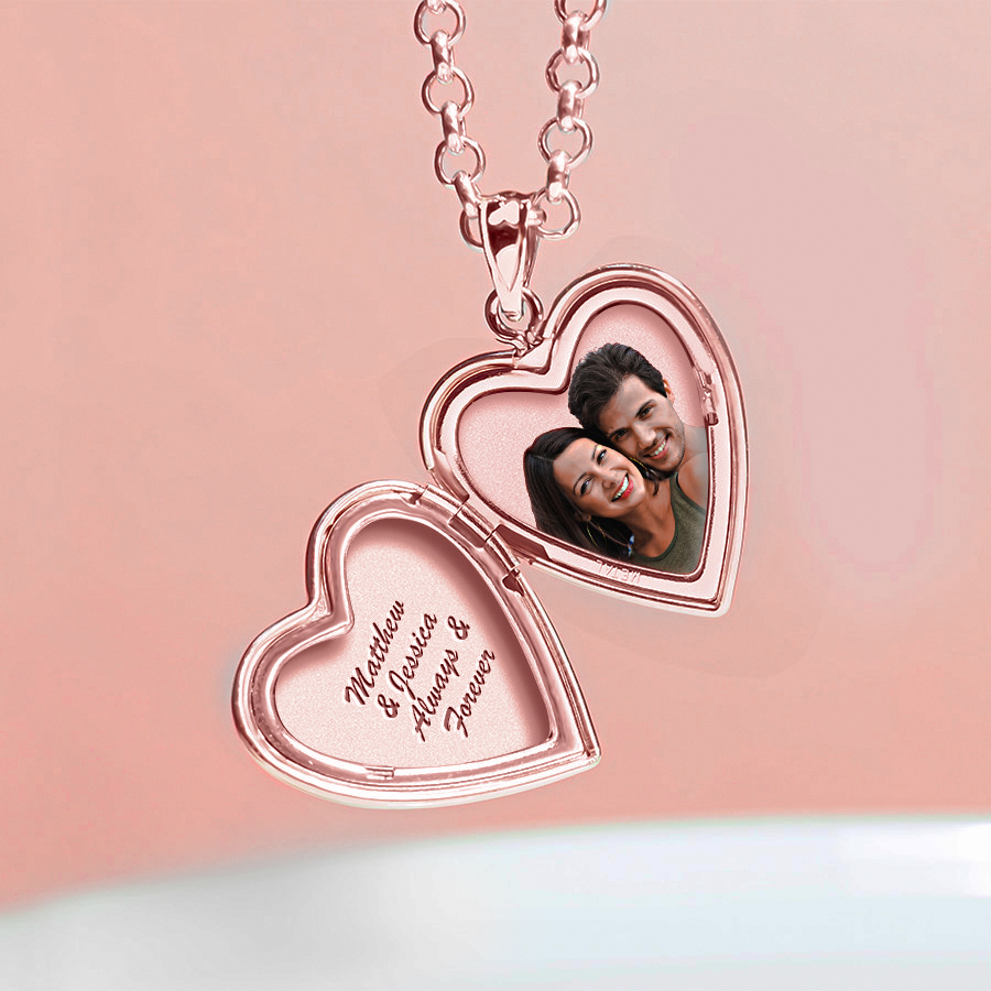 thumbnail image 2 of Personalized Heart Shaped Butterfly Photo Locket Necklace - 3/4 Inch, 18" Chain, Custom Engraved, Rose Gold Finish 2 of 6