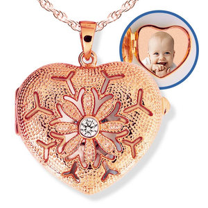 Rose Gold Heart Photo Locket with Cubic Zirconias with Chain Included